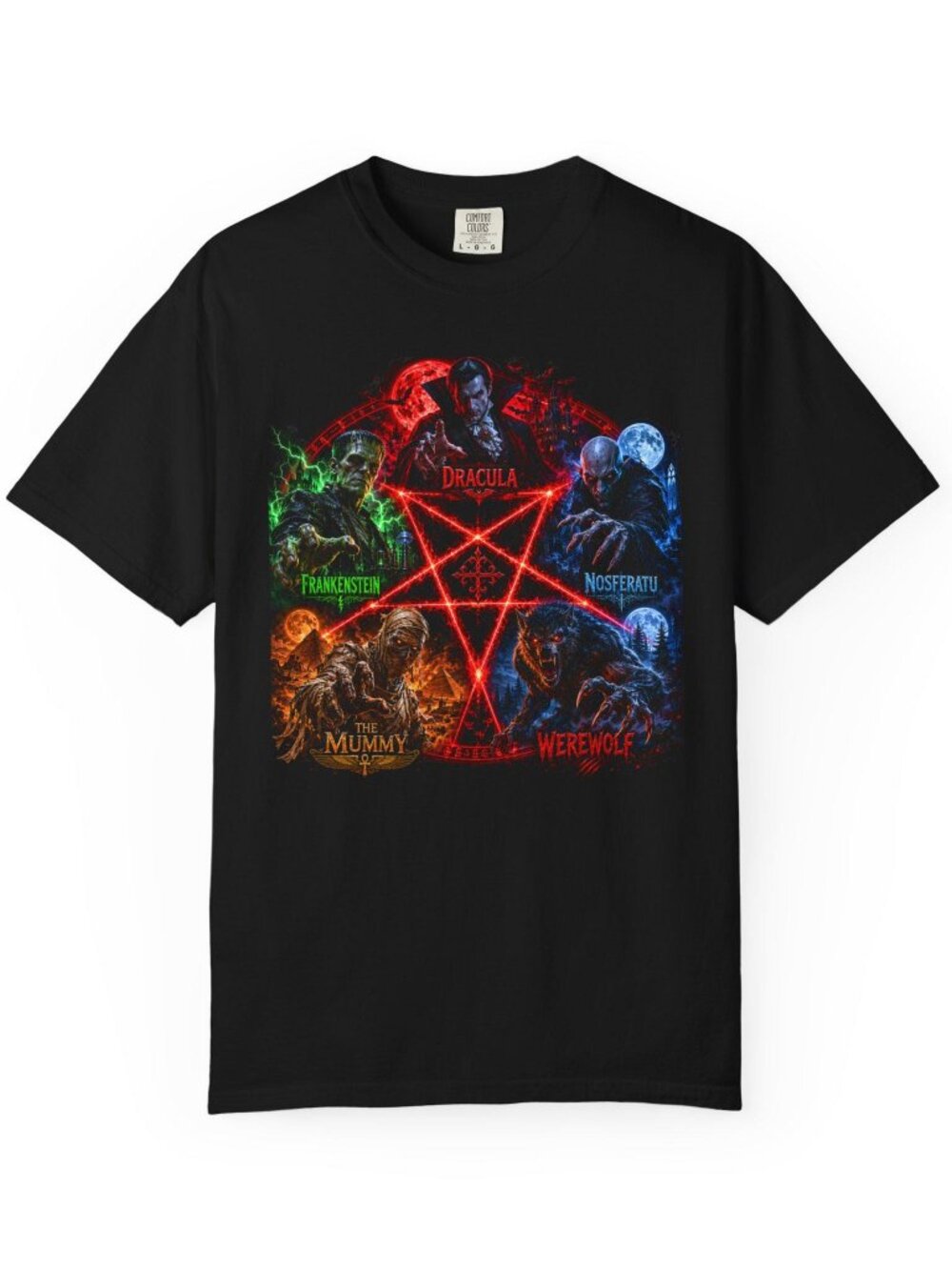Retro Horror All Stars Pentagram T-Shirt | Dracula, Frankenstein, Mummy, Wolfman